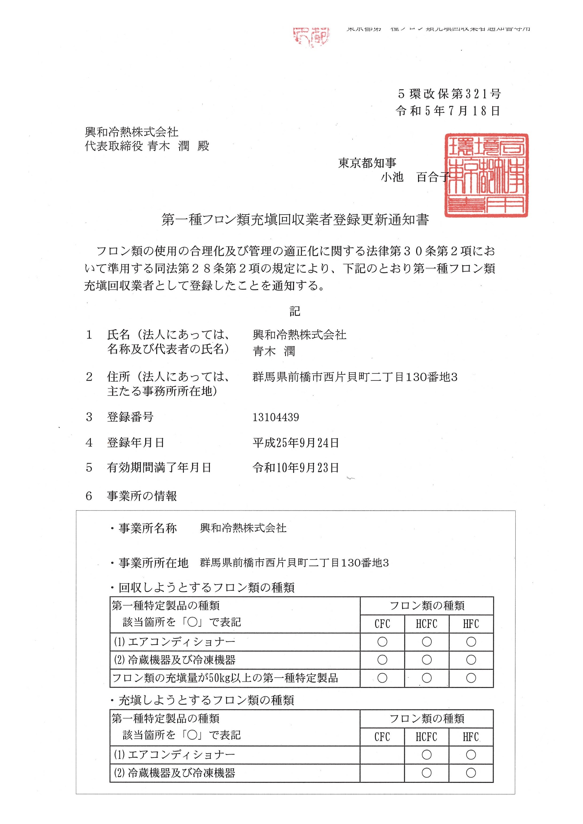 写真：第一種フロン類充填回収業者登録更新通知書